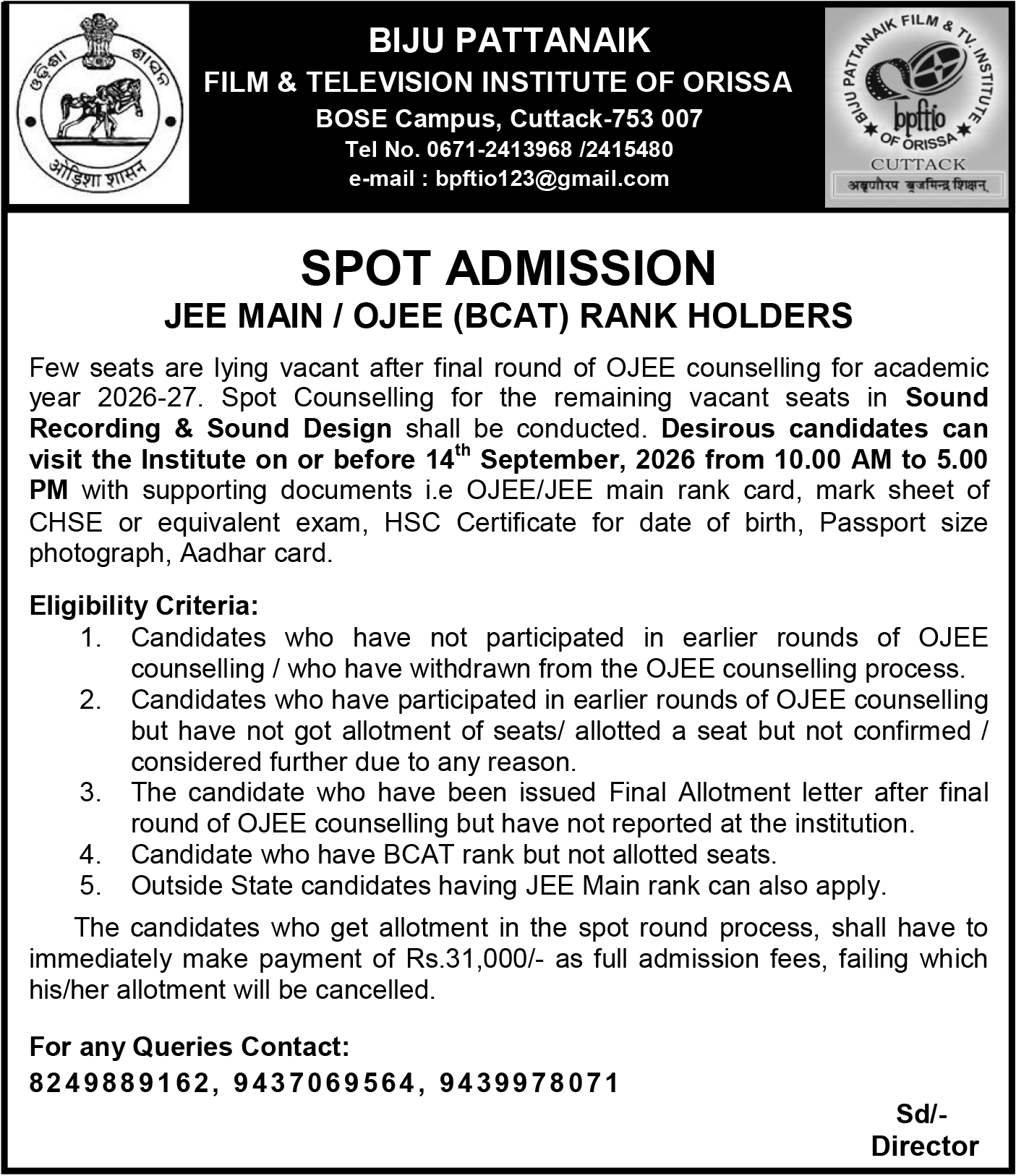 BPFTIO Spot Admission